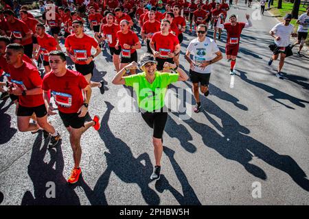 Madrid, Espagne. 26th mars 2023. Un coureur fait un geste de force parmi le groupe de participants le long du Paseo del Prado pendant le Marathon de Madrid. 19 000 coureurs réunis le matin du dimanche, 26 mars dans l'édition 22nd du marathon de Madrid.des gens de 90 nationalités ont participé, dont 23% des inscrits sont des femmes et 30% des athlètes viennent de l'extérieur de la capitale espagnole. Crédit : SOPA Images Limited/Alamy Live News Banque D'Images