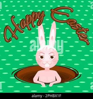 Mignon lapin bain dans un trou de prairie avec chocolat et heureux texte de l'est message. Arrière-plan de lapin de Pâques. Illustration vectorielle Illustration de Vecteur
