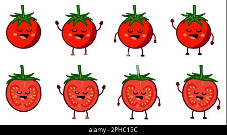 Adorable icône de tomate rouge style kawaii, entière et divisée en deux. Version avec les mains levées, abaissés et en agitant Illustration de Vecteur