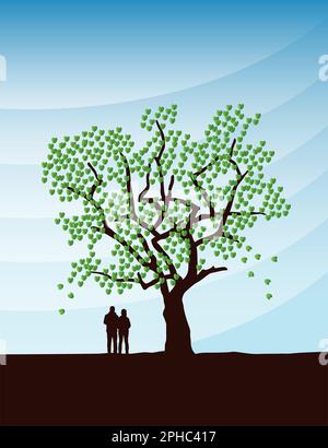 couple amoureux se tient sous un grand arbre au coucher du soleil Illustration de Vecteur
