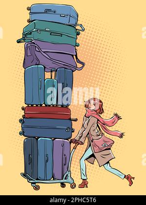 Une fille aux cheveux rouges dans un manteau et une écharpe porte beaucoup de bagages avec elle. Déménagement d'une personne dans un autre pays. Déplacement vers un nouvel emplacement. Illustration de Vecteur