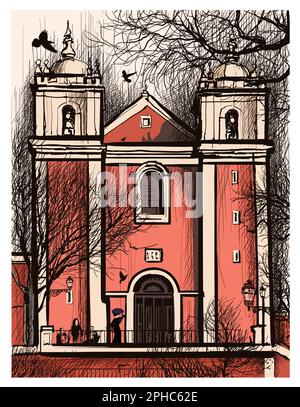 Représentation originale et colorée de l'église Santos-O-Velho, à Lisbonne, Portugal - illustration vectorielle (idéal pour l'impression, l'affiche ou le papier peint, hou Illustration de Vecteur