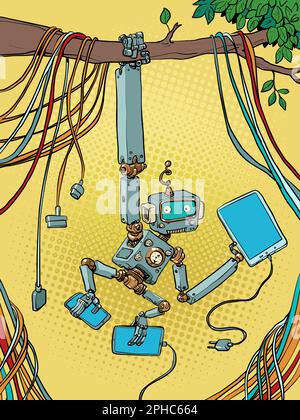 Un singe robot pend sur une branche d'arbre tandis qu'il est entouré par beaucoup de technologie. Synthèse du développement technologique et de l'agenda environnemental. Illustration de Vecteur