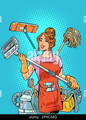 Une belle femme au foyer organise le nettoyage et la vie dans sa maison pour toute la famille et elle-même. Travaux ménagers multitâches pour femme. Illustration de Vecteur