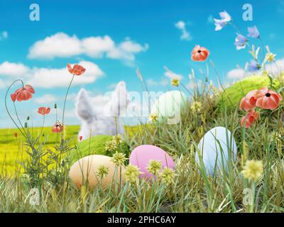 3D rendu de lapin de Pâques assis dans l'herbe avec des œufs de pâques colorés sur le ciel bleu Banque D'Images