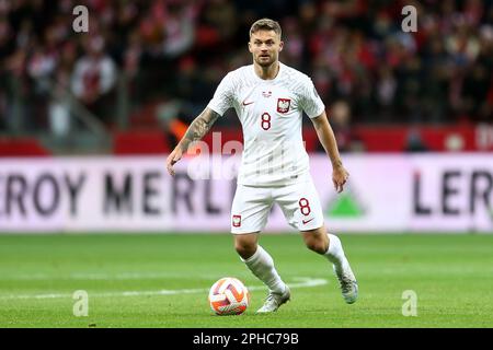 Karol Linetty de Pologne pendant l'UEFA Euro 2024, qualifications européennes, Groupe E match de football entre la Pologne et l'Albanie sur 27 mars 2023 au PGE Narodowy à Varsovie, Pologne - photo Piotr Matusewicz / DPPI Banque D'Images