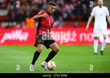 Myrto Uzuni d'Albanie lors de l'UEFA Euro 2024, qualifications européennes, match de football du Groupe E entre la Pologne et l'Albanie sur 27 mars 2023 au PGE Narodowy à Varsovie, Pologne - photo: Piotr Matusewicz/DPPI/LiveMedia Banque D'Images