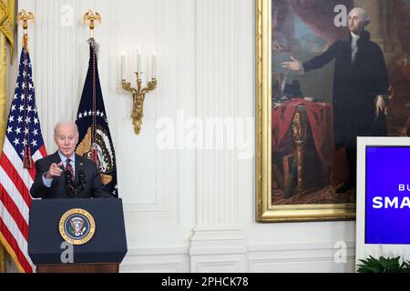 Washington, États-Unis. 27th mars 2023. ÉTATS-UNIS Le président Joe Biden s'exprime au Sommet des femmes d'affaires de la SBA, dans la salle est de la Maison Blanche, à Washington, DC, lundi, 27 mars 2023. (Photo d'Oliver Contreras/UPI crédit: UPI/Alay Live News Banque D'Images