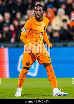 Rotterdam, pays-Bas. 27th mars 2023. Rotterdam - Tyrell Malacia de Hollande pendant le match entre les pays-Bas et Gibraltar au Stadion Feijenoord de Kuip le 27 mars 2023 à Rotterdam, pays-Bas. Crédit : photos Box to Box/Alamy Live News Banque D'Images