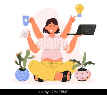 Vecteur de concept de compétences multitâches. Femme employée avec beaucoup de bras assis dans le bureau à la maison. Travailleur indépendant. Fille prend tasse, ordinateur portable, lampe, papier Illustration de Vecteur