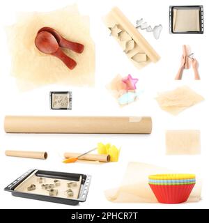 Collection de papier de cuisson avec ustensiles de cuisine sur fond blanc Banque D'Images