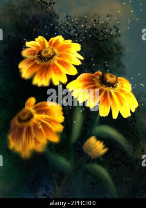 Illustration numérique - un groupe lumineux et joyeux de fleurs de Rudbeckia sur fond sombre, formant un groupe dansant Banque D'Images