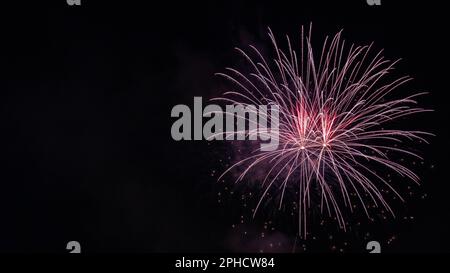 feux d'artifice roses dans le ciel nocturne avec espace de copie. nouvel an, anniversaire, concept festif Banque D'Images