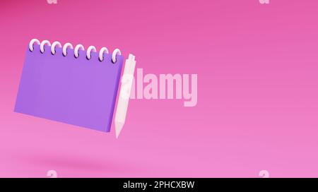bloc-notes fermé flottant avec crayon sur fond rose. Rédaction, bloc-notes, écriture sur document, prise de notes, concept de plan de projet. Icône de dessin animé min Banque D'Images