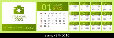 Calendrier 2023. Définir le modèle de calendrier de bureau avec place pour photo et logo de l'entreprise. La semaine commence le dimanche. Illustration vectorielle isolée Illustration de Vecteur