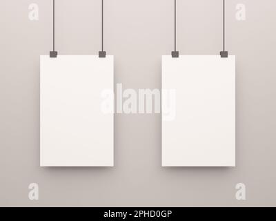 deux affiches blanches sur fond gris. Modèle d'affiche ou de feuille de papier. 3D illustration du rendu Banque D'Images