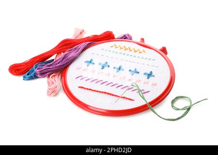 Ensemble d'équipement de broderie sur fond blanc Banque D'Images