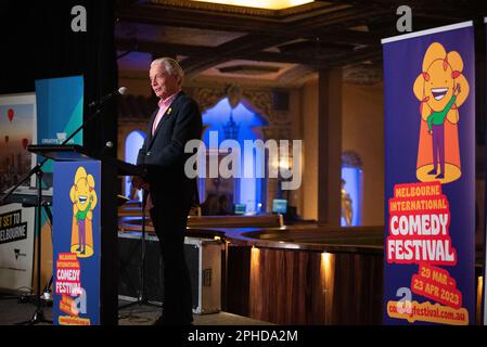 Melbourne, Australie, 28th mars 2023. Bill Shannon, président du Festival, s'exprime lors du lancement du Melbourne International Comedy Festival, qui s'est tenu au Forum de Melbourne. Credit: Jay Kogler/Alay Live News Banque D'Images