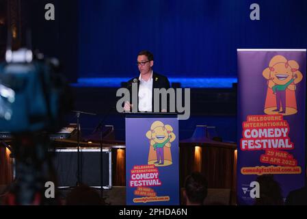 Melbourne, Australie, 28th mars 2023. L'honorable Steve Dilopoulos prend la parole lors du lancement du Melbourne International Comedy Festival, qui s'est tenu au Forum de Melbourne. Credit: Jay Kogler/Alay Live News Banque D'Images