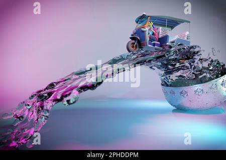 3D Rendering, festival de l'eau Songkran ou jour traditionnel du nouvel an en Thaïlande. Les gens jouant à l'eau de pistolet festival de l'eau sur Tuk Tuk junp on Banque D'Images