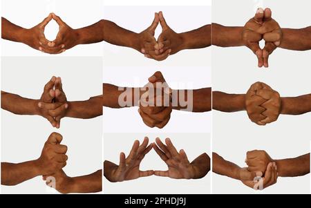 ensemble de 9 mudras à main. Il inclut de tels mudras,. Les gestes sont isolés sur fond blanc. Banque D'Images