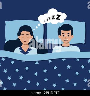 Homme et femme zzz dorment la nuit au lit à la maison. Illustration de Vecteur