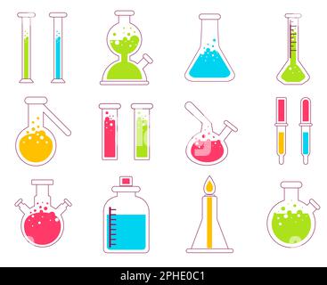 Test scientifique en tube, bécher et flacon. Équipement en verre dans un laboratoire de chimie. Illustration de Vecteur