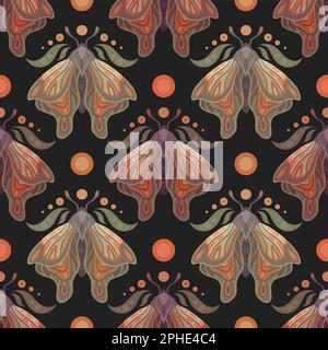 Motif vectoriel sacré sans couture avec des lunes et des lunes sur fond sombre. Texture colorée avec papillons. Fond mystique plat d'un insecte volant Illustration de Vecteur