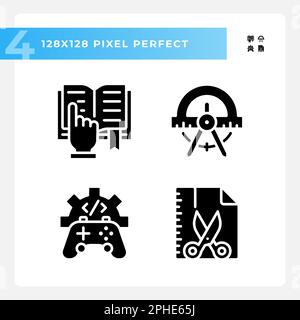 SUJETS LIÉS À LA TIGE pixel parfait glyphe noir icônes sur l'espace blanc Illustration de Vecteur