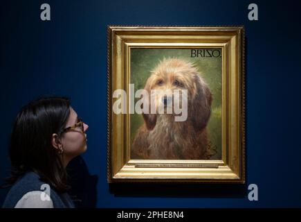 The Wallace Collection, Londres, Royaume-Uni. 28th mars 2023. Faithful and Fearless: Portraits de chiens de Gainsborough à Hockney exposition (29 mars-15 octobre) explore notre dévotion envers les amis à quatre pattes à travers les siècles. En 59, soigneusement sélectionnés peintures, sculptures, dessins, œuvres d'art et même taxidermie, l'exposition met en lumière le lien unique entre les humains et leurs compagnons canins. Image: Rosa Bonheur, Brizo, Un chien de berger, 1864. Crédit : Malcolm Park/Alay Live News Banque D'Images