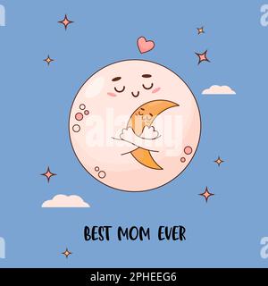 Joyeux personnage de dessin animé famille maman lune avec bébé. Carte de vacances nostalgique Fête des mères. Illustration vectorielle Illustration de Vecteur