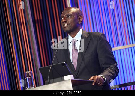 Berlin, Allemagne. 28th mars 2023. William Samoei Ruto, Président du Kenya, s'exprime lors du dialogue de transition énergétique de Berlin 23. Credit: Britta Pedersen/dpa/Alay Live News Banque D'Images