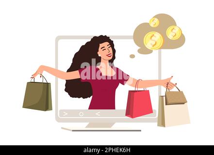 Concept d'achat en ligne. Le client achète des biens, effectue des achats dans une boutique virtuelle Internet. Bonne femme shopper à la vente de Web Marketplace. Vecteur plat Banque D'Images