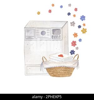 Une composition avec sèche-linge, panier en osier, linge propre, serviette et fleurs colorées. Illustration aquarelle, isolée. Adapté au conditionnement, pos Banque D'Images