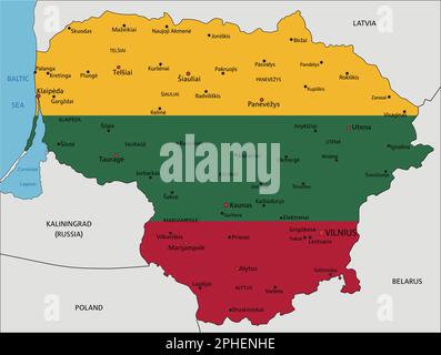 Lituanie carte politique très détaillée avec drapeau national isolé sur fond blanc. Illustration de Vecteur