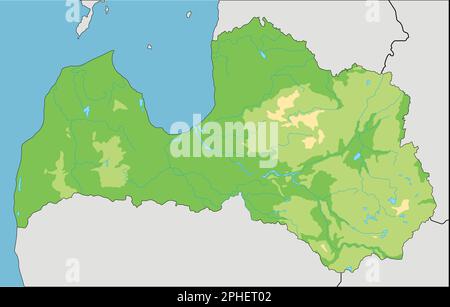 Carte physique de Lettonie très détaillée avec étiquetage. Illustration de Vecteur