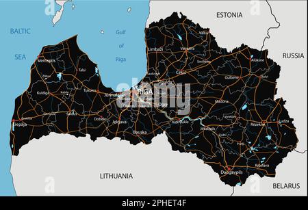 Feuille de route de Lettonie très détaillée avec étiquetage. Illustration de Vecteur
