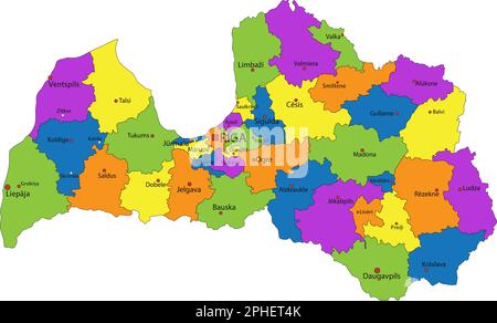 Carte politique colorée de la Lettonie avec des couches clairement étiquetées et séparées. Illustration vectorielle. Illustration de Vecteur