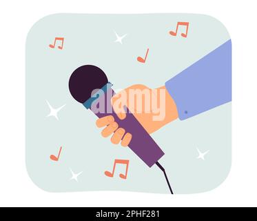 Mains du chanteur de talent tenant le microphone parmi les notes musicales Illustration de Vecteur