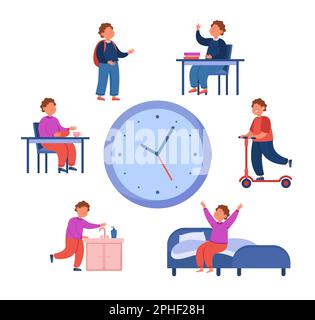 Horloge énorme avec horaire quotidien de dessin animé garçon d'école Illustration de Vecteur