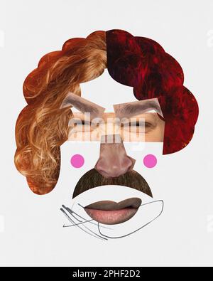 Grimace. Visage humain constitué de différentes parties humaines de différents sexes et âges. Art caricature Collage d'art contemporain. Conception abstraite conceptuelle. Banque D'Images