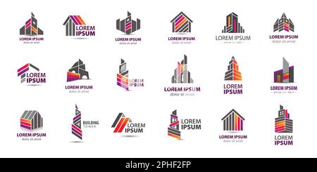Ensemble vectoriel de logos immobiliers, constructions de bâtiments, tours, icônes représentant la ville, panneaux de structure de maison. Illustration de Vecteur