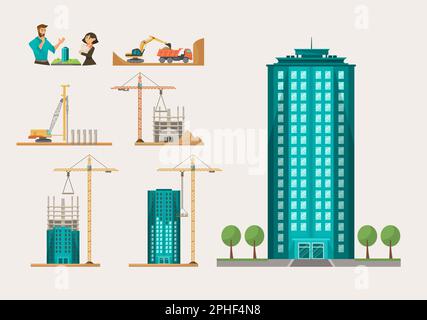 Processus de construction de l'ensemble d'illustrations de dessin animé de gratte-ciel Illustration de Vecteur