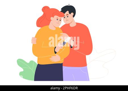 Triste homme embrassant femme tenant un test de grossesse Illustration de Vecteur