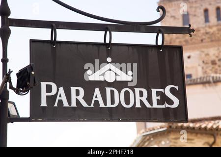 Parador Hotel Sign, Guadalupe, Espagne Banque D'Images