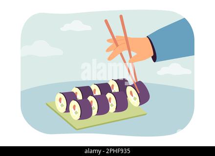 Des petits pains à sushi à la main avec des baguettes Illustration de Vecteur