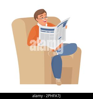 Un garçon qui lit le journal. Homme obèse assis dans un fauteuil vecteur illustration de dessin animé Illustration de Vecteur