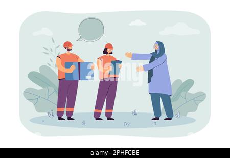 Femme musulmane recevant une boîte en carton des livreur Illustration de Vecteur
