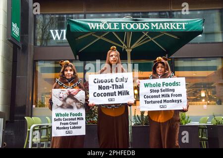 Londres, Royaume-Uni. 28th mars 2023. Les activistes PETA habillés de singes enchaînés ont déversé des noix de coco en dehors de Whole Foods Market près de Piccadilly Circus pour protester contre la chaîne de supermarchés vendant du lait de coco en provenance de Thaïlande. Selon PETA, leurs enquêtes ont révélé l'utilisation systémique de singes enlevés dans la nature et forcés de cueillir des noix de coco à des fins commerciales. Credit: Vuk Valcic/Alamy Live News Banque D'Images