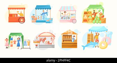 Stands de salons avec jeu d'illustrations vectorielles plates pour vendeurs Illustration de Vecteur